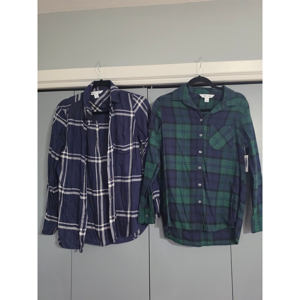 Old Navy Plaid Flannel Shirts Women Small Blue Green Classic Button Down Lot
